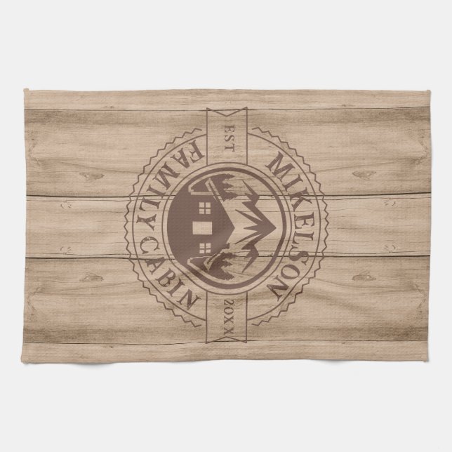 Personalized Rustic Wood Family Cabin Kitchen Towel (Horizontal)