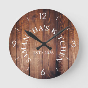 Personalized Rustic Wood Farmhouse Kitchen Round  Clock