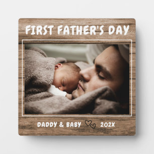 Personalized Rustic Wood First Father's Day Photo Plaque