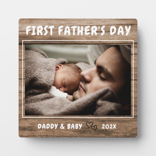 Personalized Rustic Wood First Father's Day Photo  Plaque (Front)
