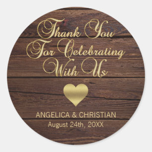 Personalized RUSTIC Wood Gold Heart Wedding Classic Round Sticker