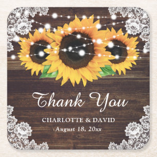 Personalized Rustic Wood Lace Sunflower Wedding Square Paper Coaster