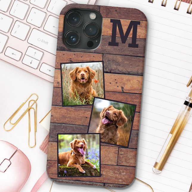 Personalized Rustic Wood Monogram 3 Photo Case-Mate iPhone Case (Creator Uploaded)