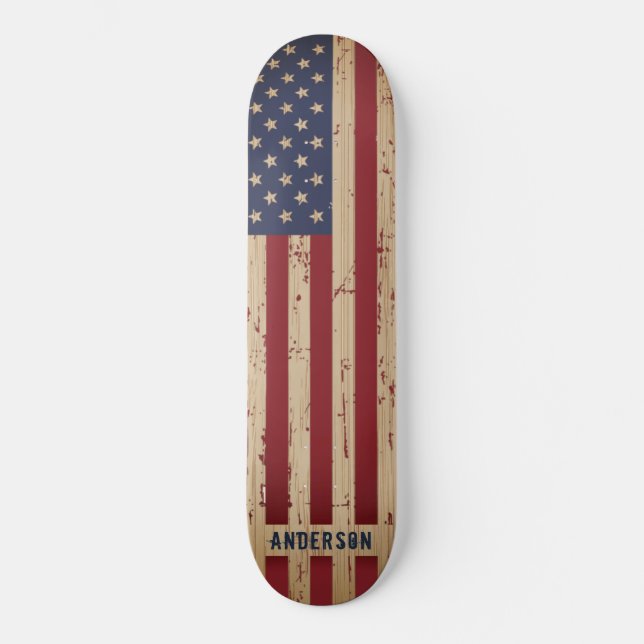 Personalized Rustic Wood Patriotic American Flag Skateboard (Front)