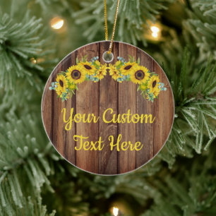 Personalized Rustic Wood Sunflower Custom Text Cer Ceramic Ornament