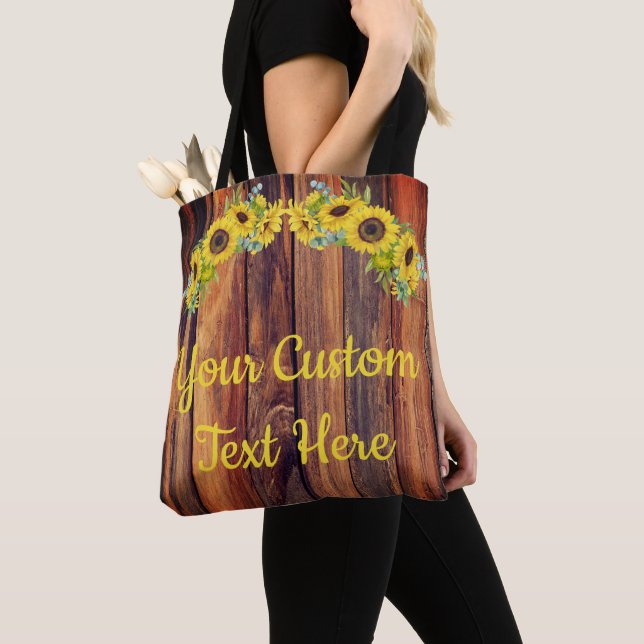 Personalized Rustic Wood Sunflower Greenery Custom Tote Bag (Close Up)