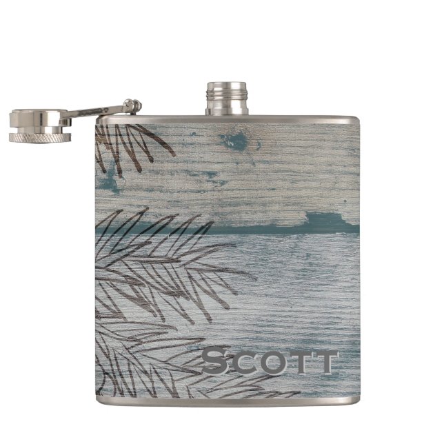Personalized | Rustic Wood Winter Pine Tree Branch Hip Flask (Opened)
