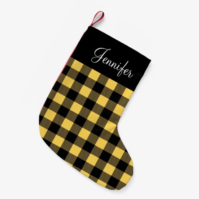 Personalized Rustic Yellow Buffalo Check  Small Christmas Stocking (Front (Hanging))