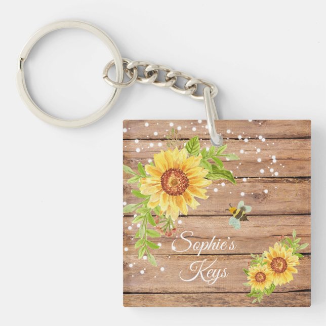 Personalized Rustic Yellow Floral Sunflower Keychain (Front)