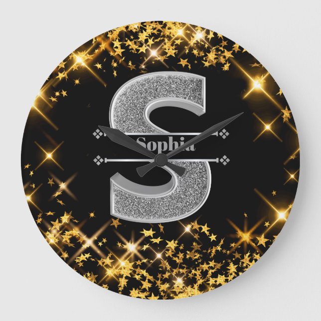 Personalized S Initial Silver Monogram Your Name Large Clock (Front)