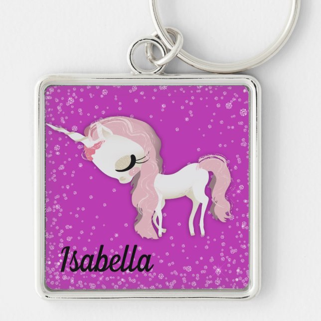 Personalized Sad Whimsical Unicorn on Pink Keychain (Front)
