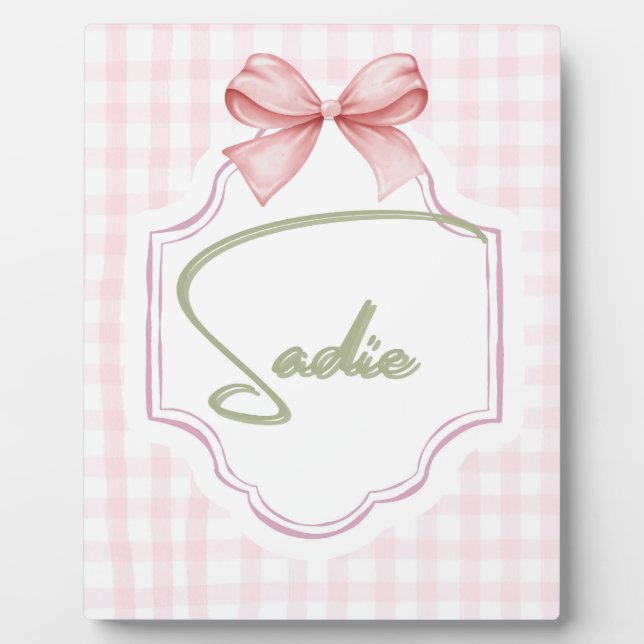 Personalized Sadie Baby Girl Nursery Bow&Gingham Plaque (Front)