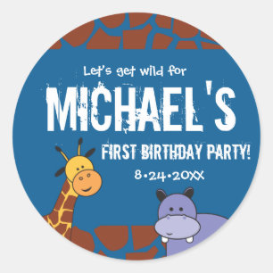 Personalized Safari 1st Birthday blue background Classic Round Sticker