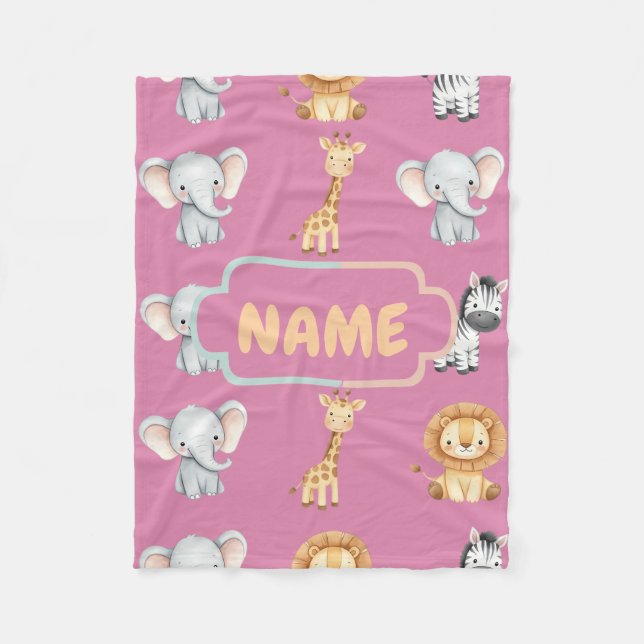Personalized Safari Animal Cute Pastel Nursery  Fleece Blanket (Front)