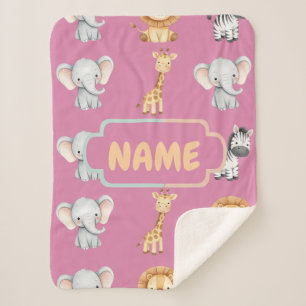 Personalized Safari Animal Cute Pastel Nursery  Sherpa Blanket
