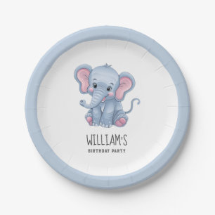 Personalized Safari Animal Elephant White Blue     Paper Plate