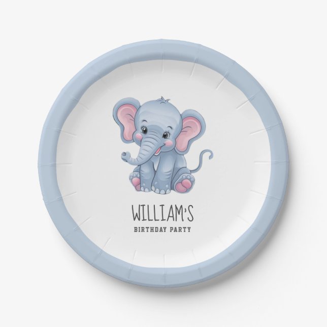 Personalized Safari Animal Elephant White Blue     Paper Plate (Front)