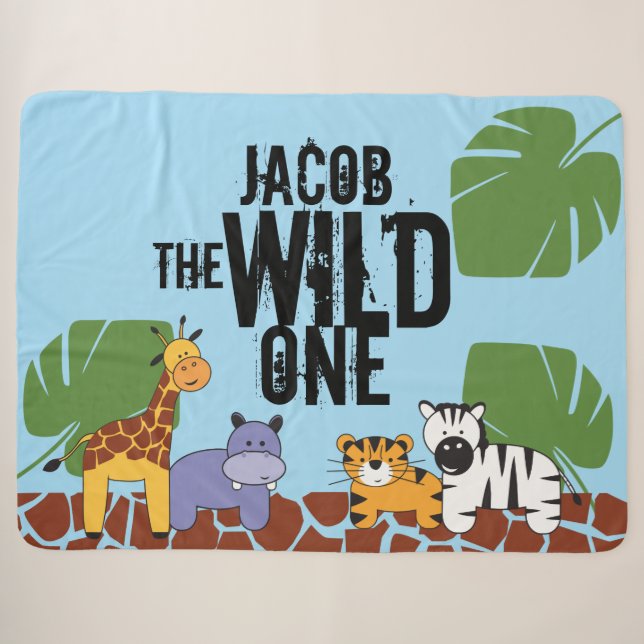 Personalized Safari Animal Illustration Wild One Sherpa Blanket (Front (Horizontal))