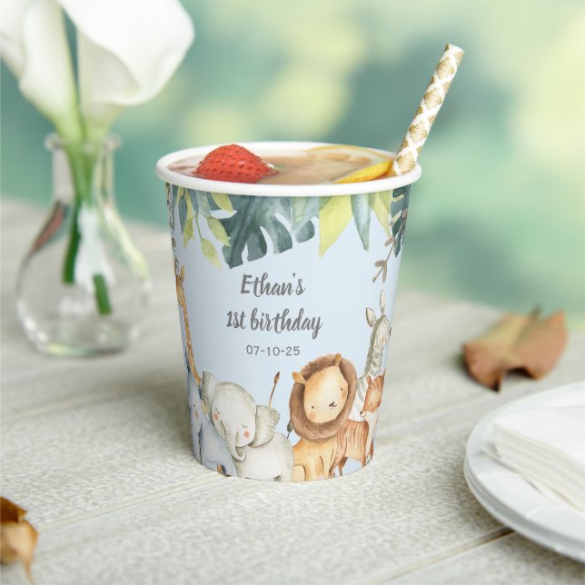 Personalized safari jungle animals boy birthday paper cups (Insitu)