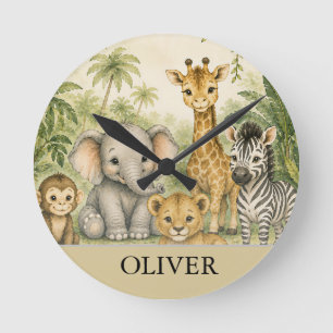 Personalized Safari Nursery Name Poster   Jungle  Round Clock