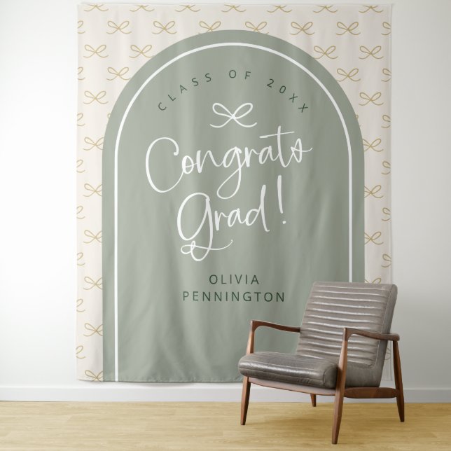 Personalized Sage Bow Congrats Grad Photo Backdrop Tapestry (In Situ)
