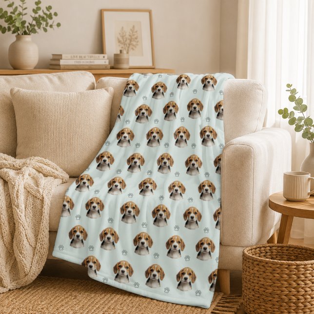 Personalized Sage Dog Photo Paw Pattern Fleece Blanket (Creator Uploaded)