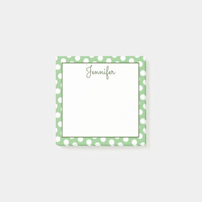 Personalized Sage Green and White Polka Dots Post-it Notes (Front)