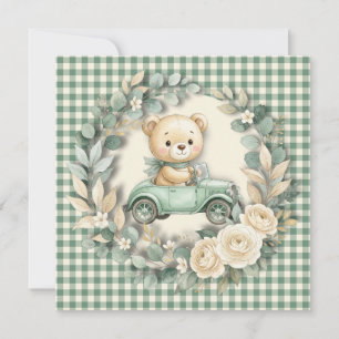 Personalized Sage Green Baby Party Teddy Toy Car Invitation