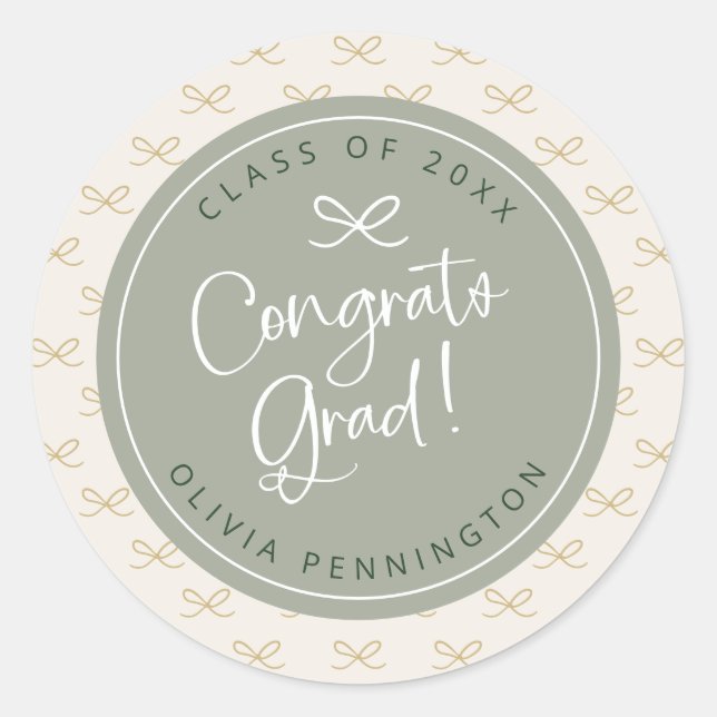 Personalized Sage Green Bow Girly  Classic Round Sticker (Front)