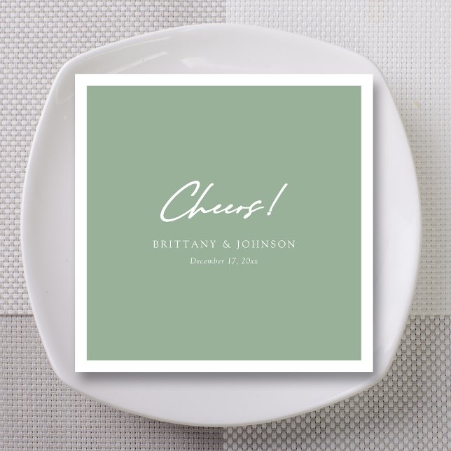 Personalized Sage Green "Cheers" Script Wedding  Napkin (Personalized Unique White Cheers Script Sage Green Wedding Napkins)