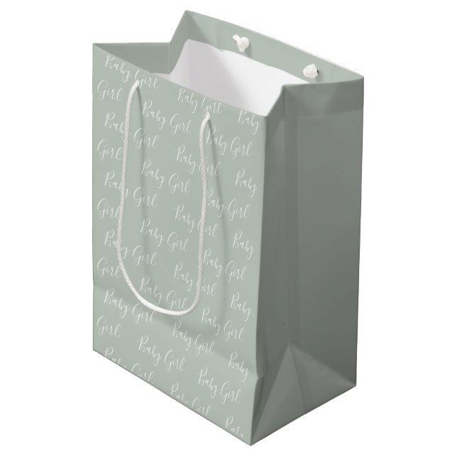 Personalized Sage Green Elegant Baby Girl Medium Gift Bag (Front Angled)