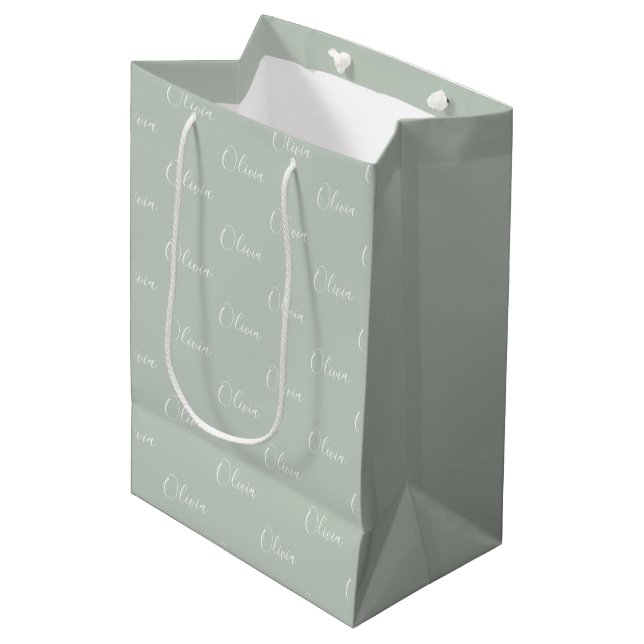 Personalized Sage Green Elegant Name Medium Gift Bag (Front Angled)