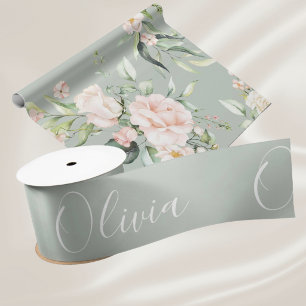 Personalized Sage Green Elegant Name Satin Ribbon