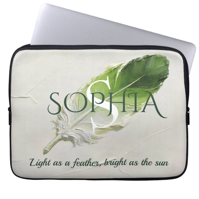 Personalized Sage Green Feather Monogram Laptop Sleeve (Front)