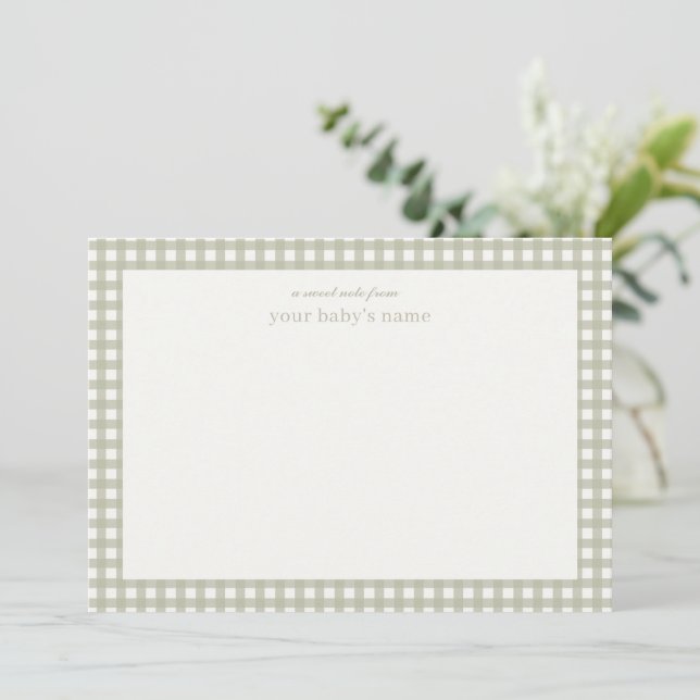 Personalized Sage Green Gingham Baby Nursery Card (Standing Front)