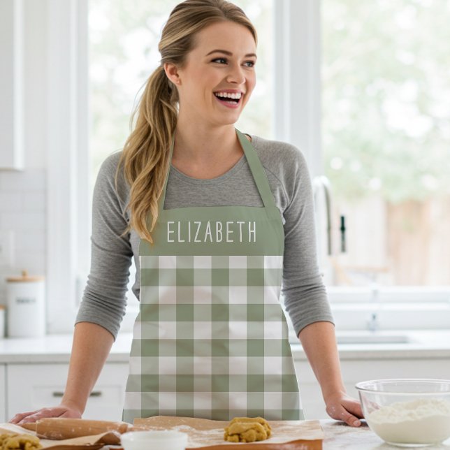 Personalized Sage Green Gingham Check Pattern Apron (Creator Uploaded)