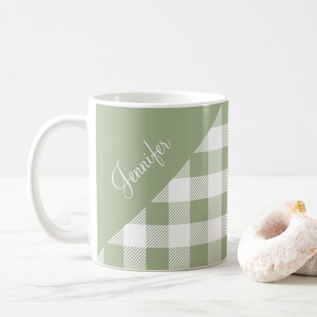 Personalized Sage Green Gingham Coffee Mug (With Donut)