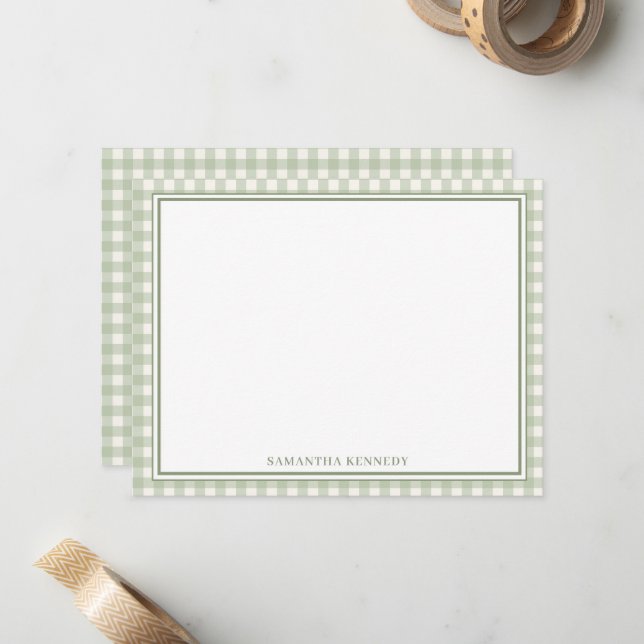 Personalized Sage Green Gingham Double Border Card (Front/Back In Situ)