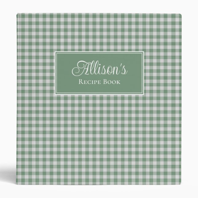 Personalized Sage Green Gingham Farmhouse Recipe Binder (Front)