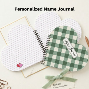 Personalized Sage Green Gingham Heart Notebook