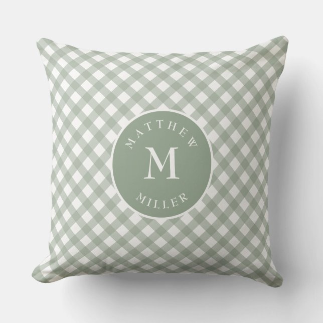 Personalized sage green gingham pillow for nursery (Front)
