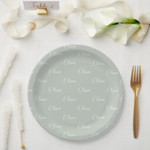 Personalized Sage Green Girly Elegant Name  Paper Plate