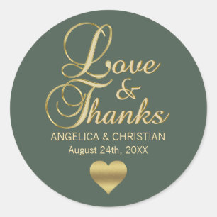 Personalized SAGE GREEN Gold LOVE & THANKS Wedding Classic Round Sticker