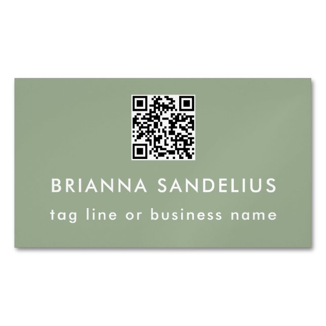 Personalized Sage Green Modern Script QR Code Magnetic Business Card (Front)