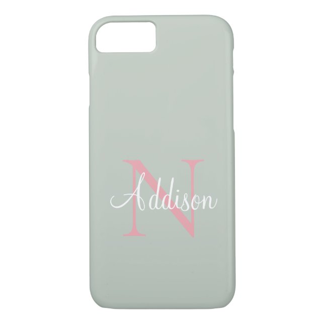 Personalized Sage Green Monogram Pink Case-Mate iPhone Case (Back)