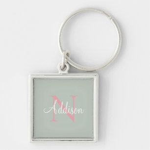 Personalized Sage Green Monogram Pink Keychain
