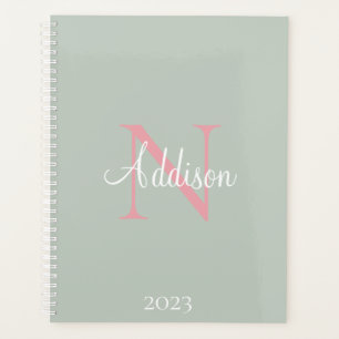 Personalized Sage Green Monogram Pink Planner