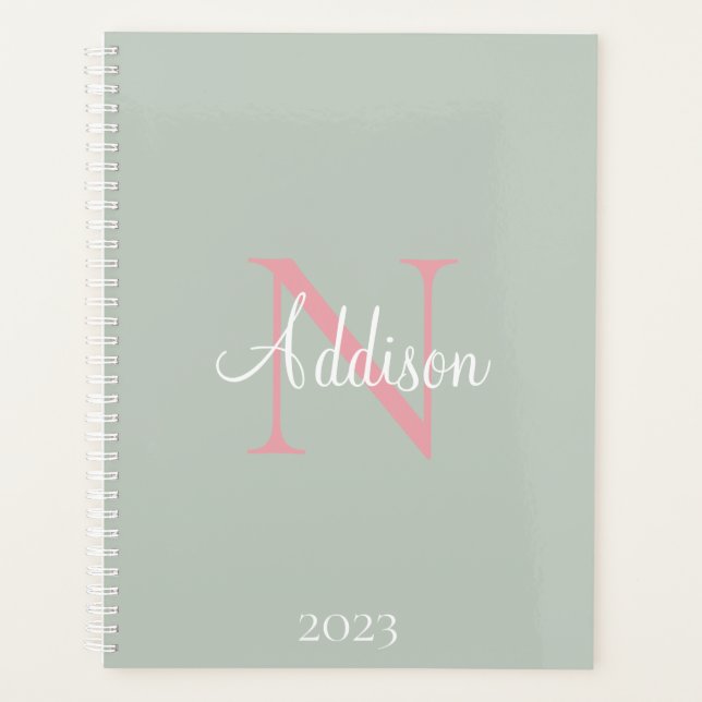 Personalized Sage Green Monogram Pink  Planner (Front)