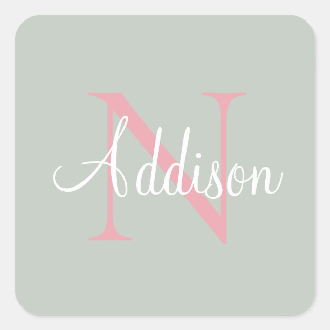 Personalized Sage Green Monogram Pink Square Sticker (Front)