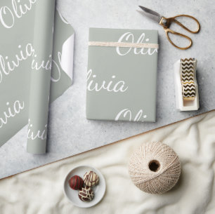Personalized Sage Green Pastel Script Name  Wrapping Paper